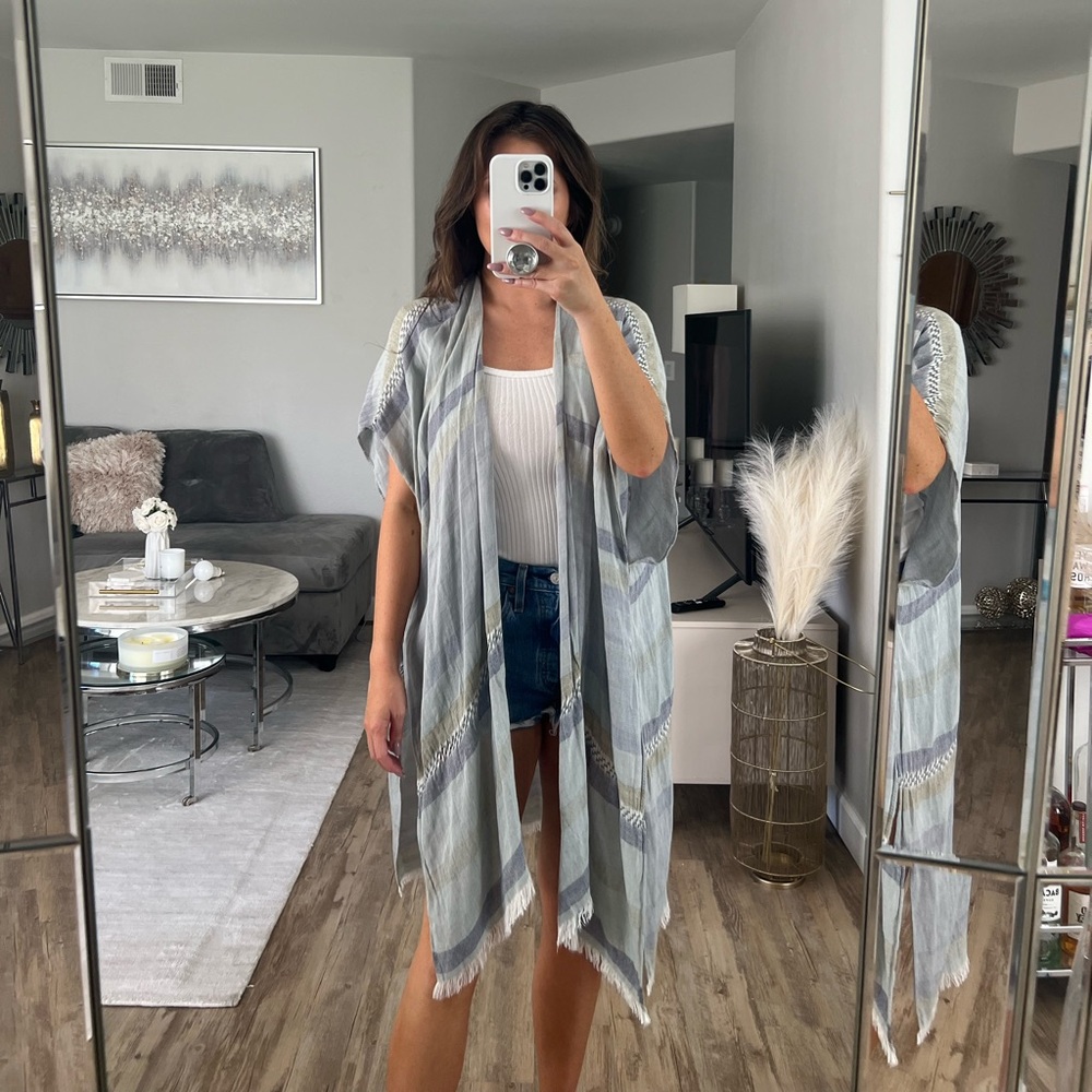 LoveStitch Vici Women's Kimono Shawl Stripe Blue Green Cream One Size